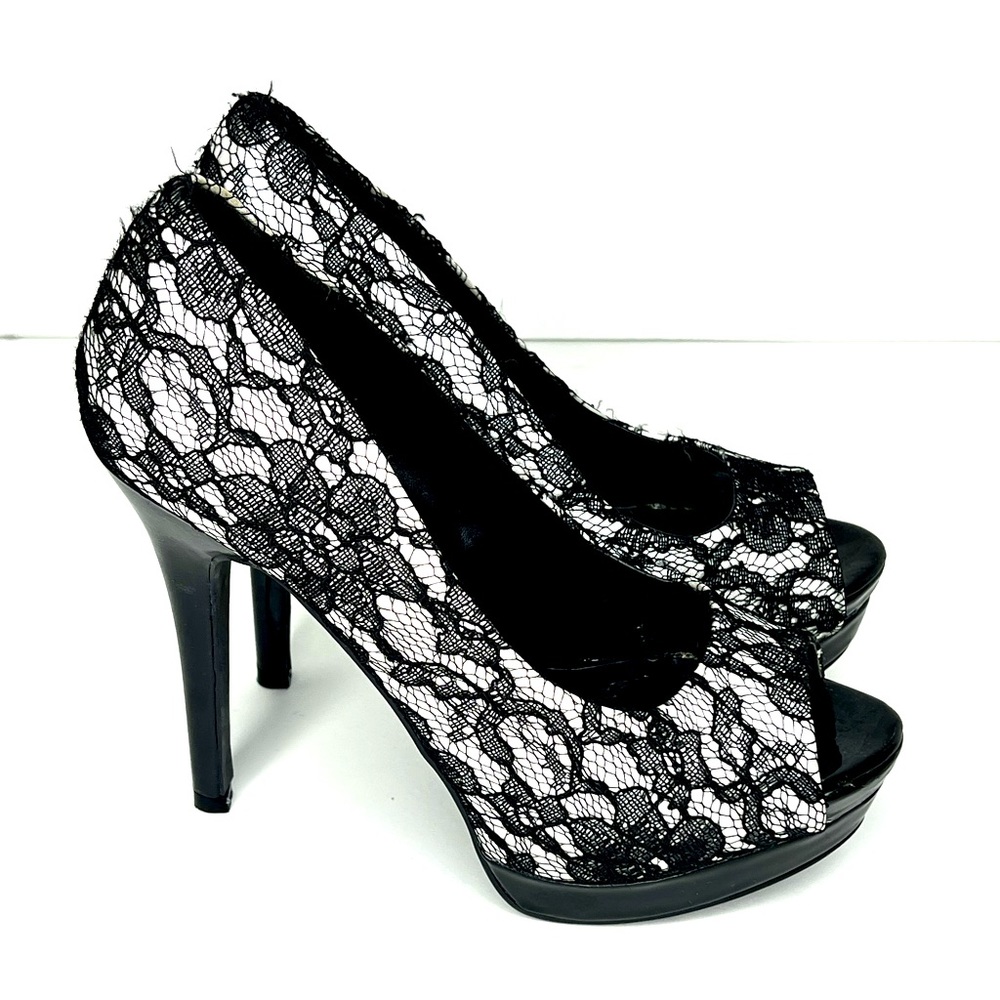 5 inch black and white lace heels